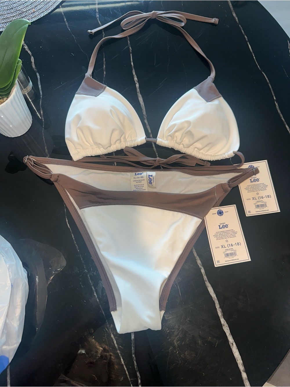 NEW Kacey Lee XL White & Brown Tie Bikini Set | Beach | Summer
